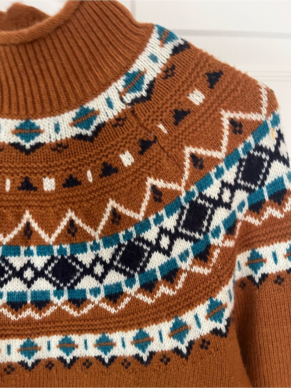 J.Crew SzS Fair Isle Lambswool Blend Mock Neck Sweater, Rust/Royal - Picture 4 of 7